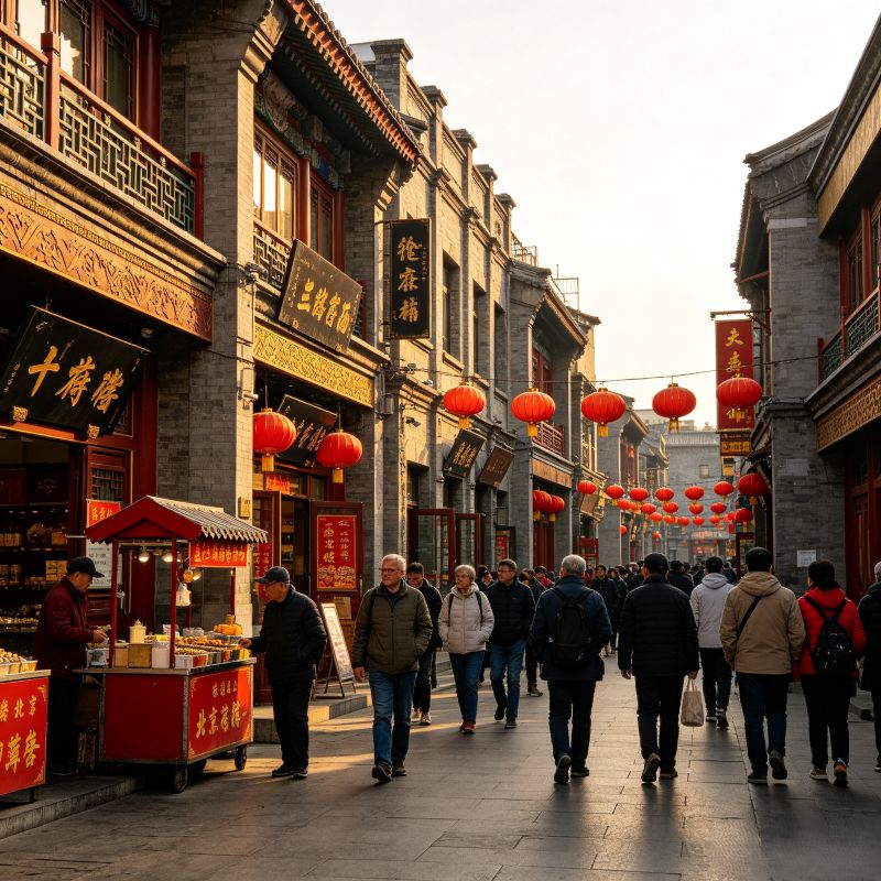 Travelers walking Dashilan historic street with grey-brick architecture, red lanterns & old shops, Beijing downtown area