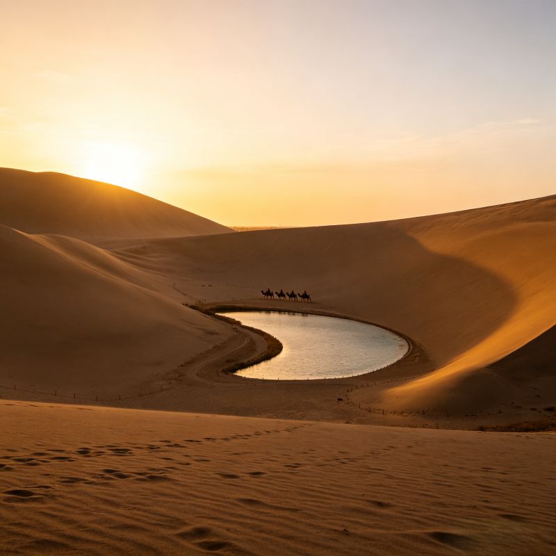 Mingsha Mountain and Crescent Spring desert scenery in Dunhuang, China