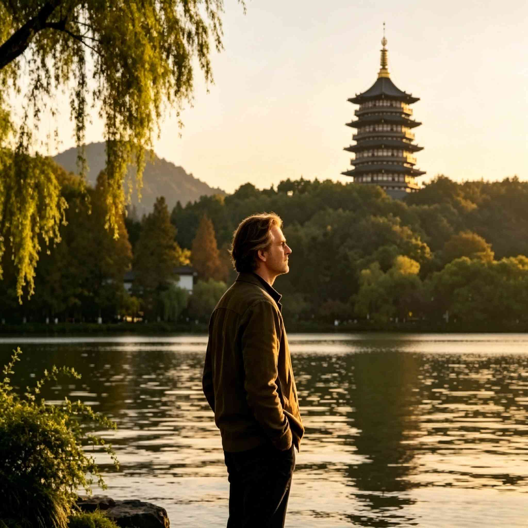 Captivating Jiangnan Tours: Foreign tourist at West Lake Hangzhou with Leifeng Pagoda sunset view