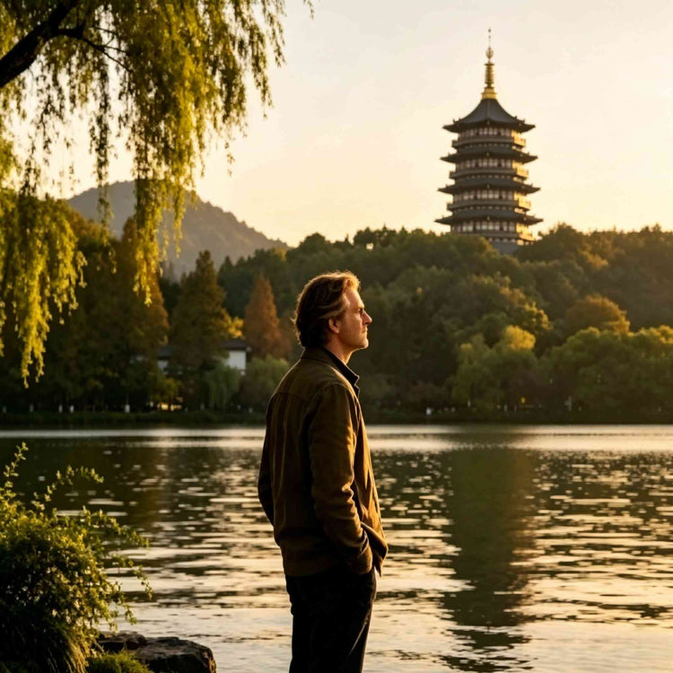 Captivating Jiangnan Tours: Foreign tourist at West Lake Hangzhou with Leifeng Pagoda sunset view