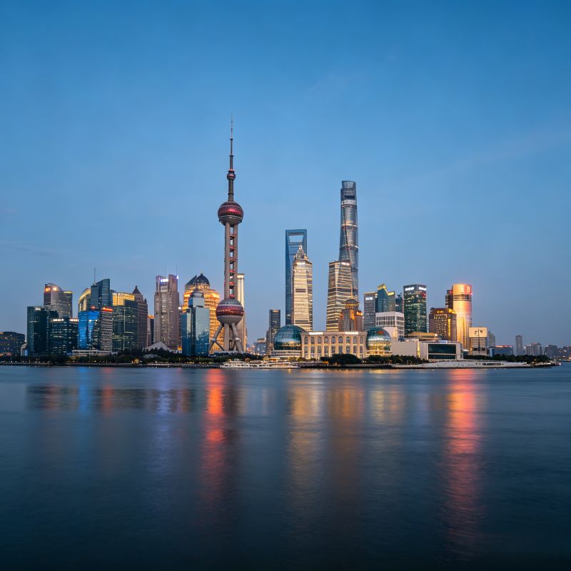 Panoramic view of Shanghai Pudong skyline with landmark skyscrapers along Huangpu River