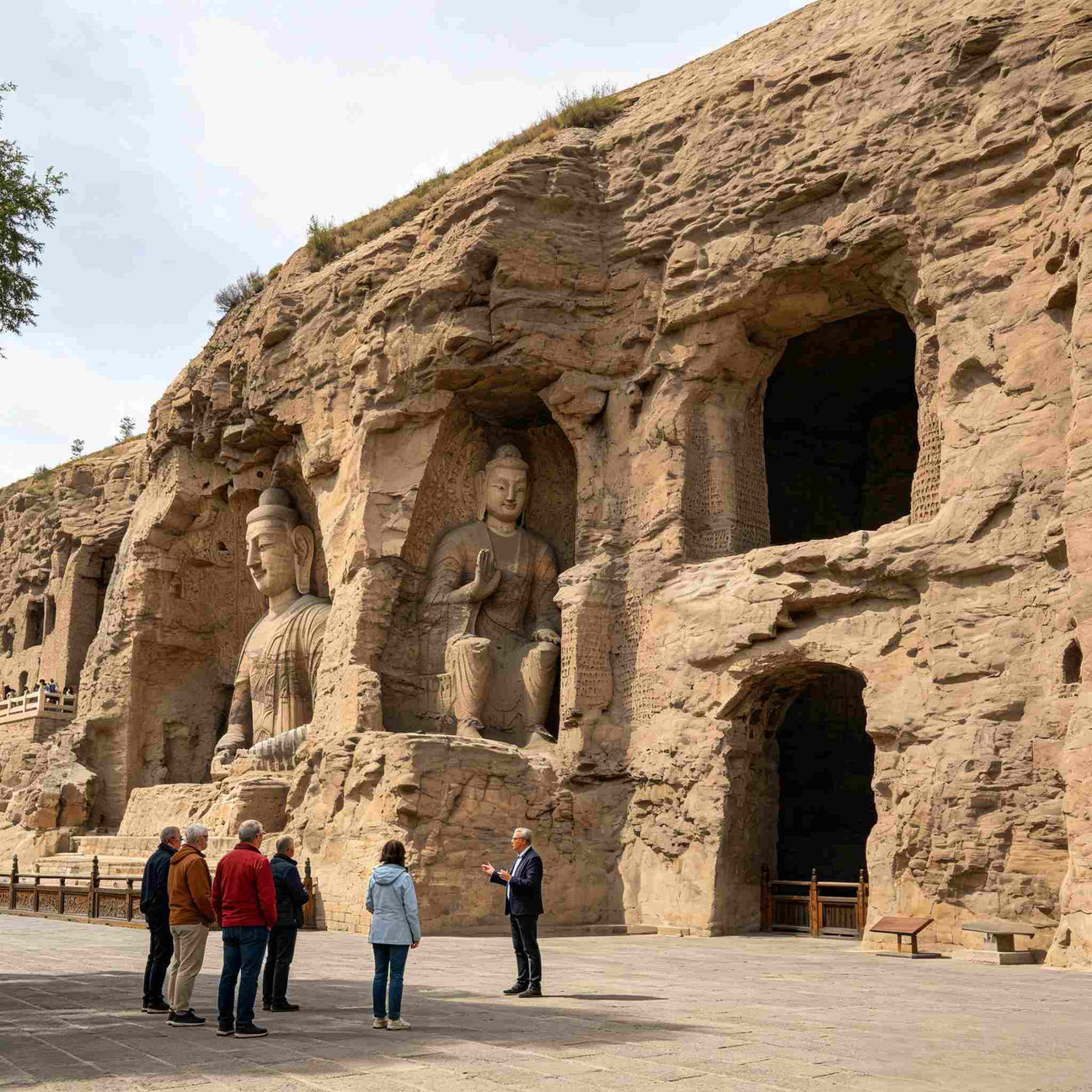 Foreign tourists visiting UNESCO-listed Yungang Grottoes with giant Buddha rock statues, Datong China