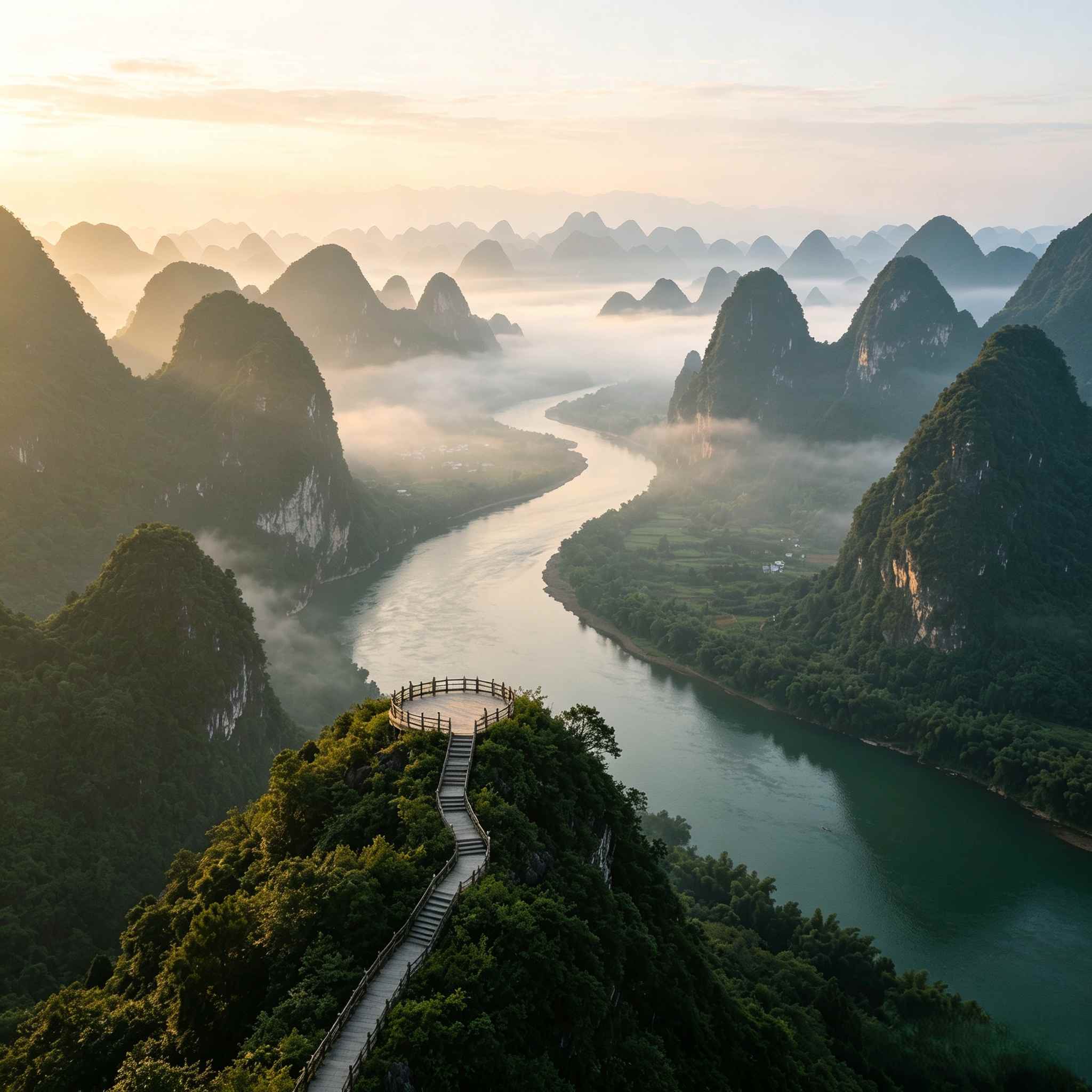 Aerial panoramic view of Li River winding through misty karst mountain peaks, dawn landscape of Guilin, Guangxi China