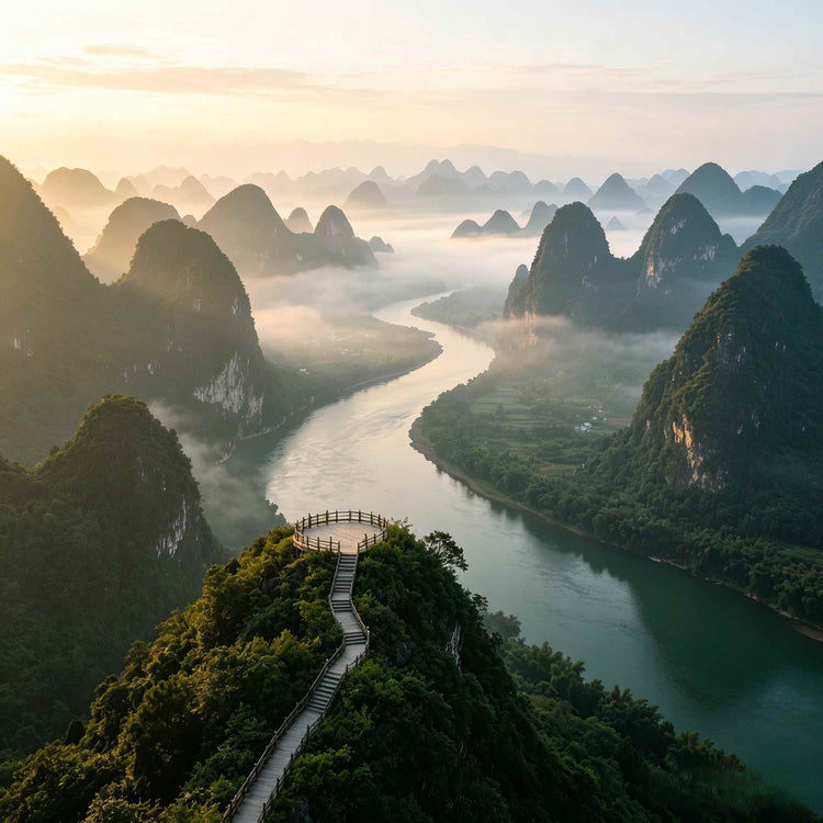 Aerial panoramic view of Li River winding through misty karst mountain peaks, dawn landscape of Guilin, Guangxi China