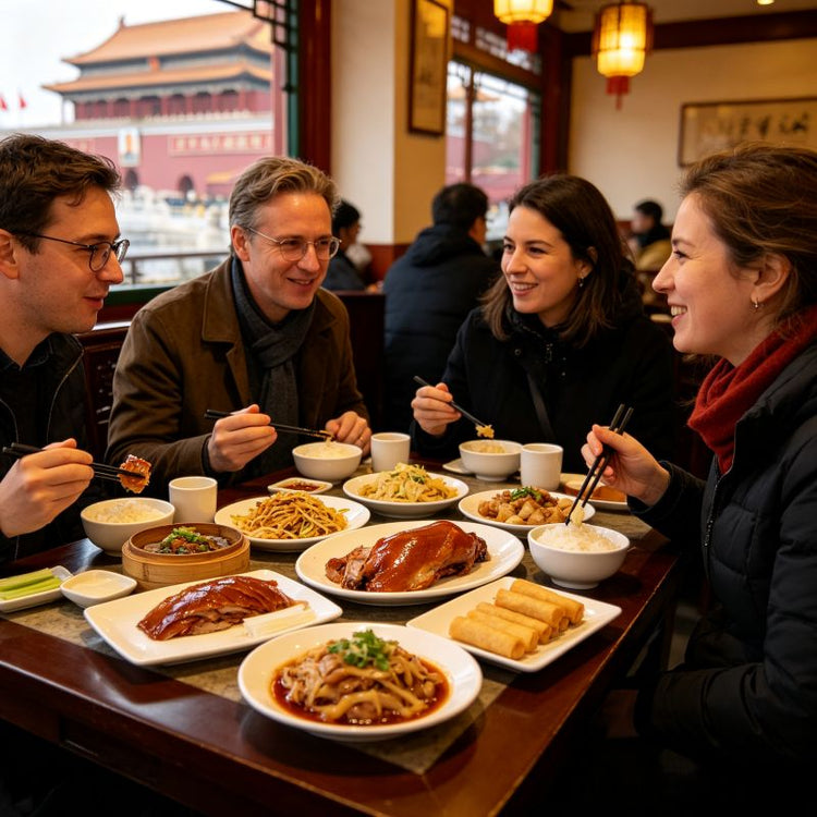 Group of international travelers enjoying authentic Beijing local cuisine lunch at a traditional Chinese restaurant