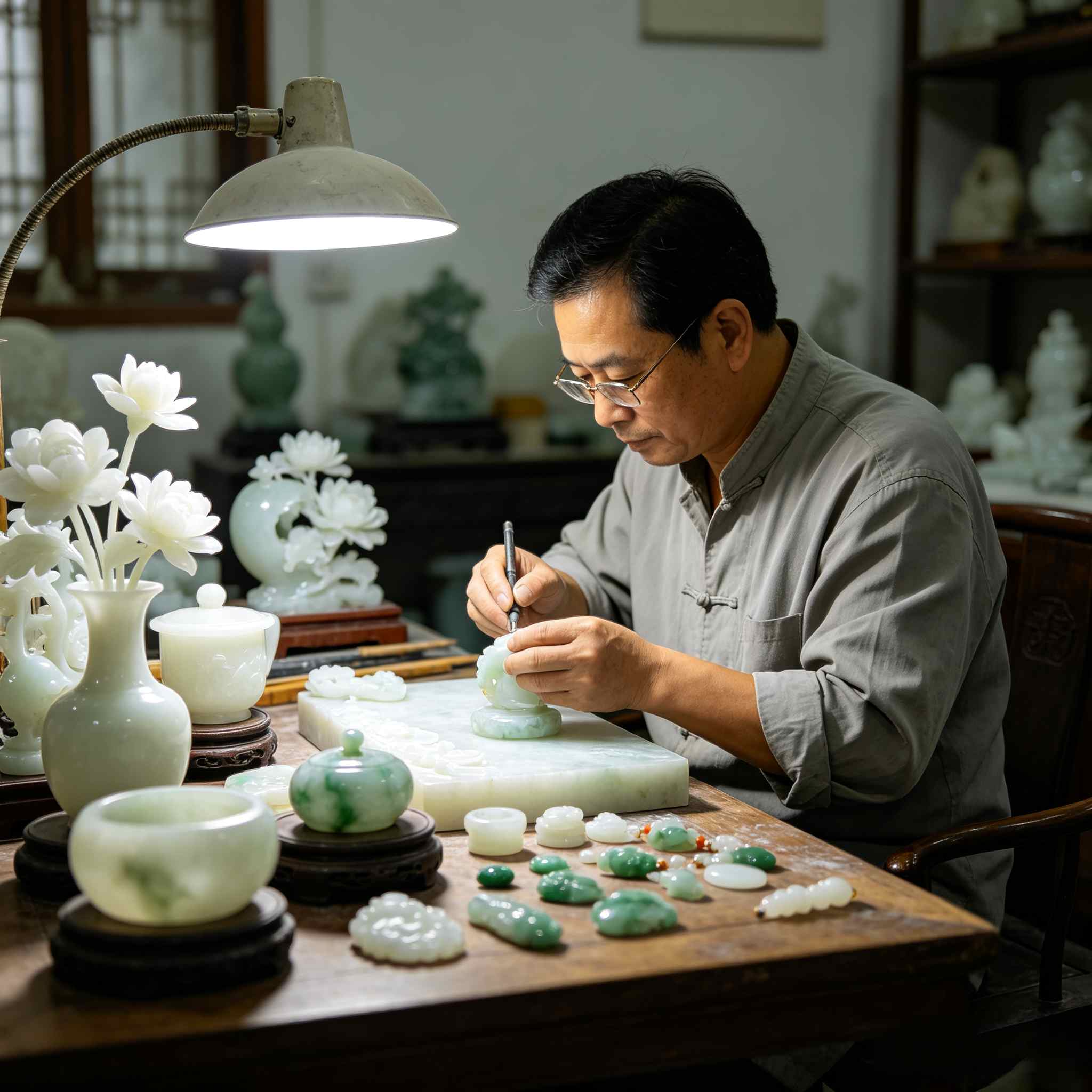 Traditional Chinese jade carving workshop with craftsman making jade artworks