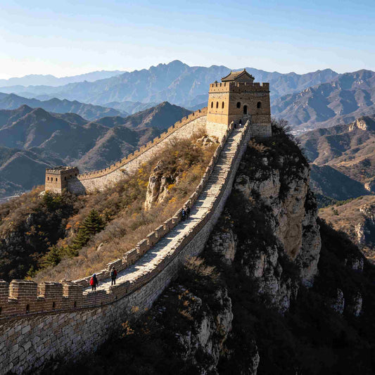 Simatai Great Wall panoramic view with ancient watchtowers on mountain ridge, Beijing private day tour