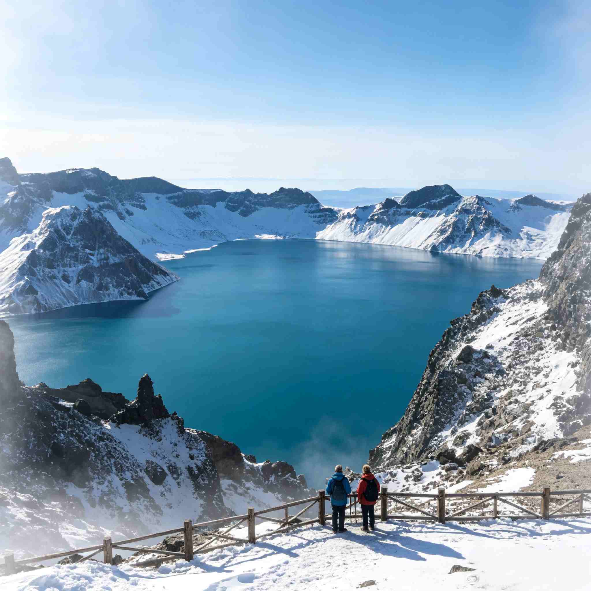 Heavenly Lake of Changbai Mountain, turquoise crater lake surrounded by snow peaks with visitors on the viewing platform