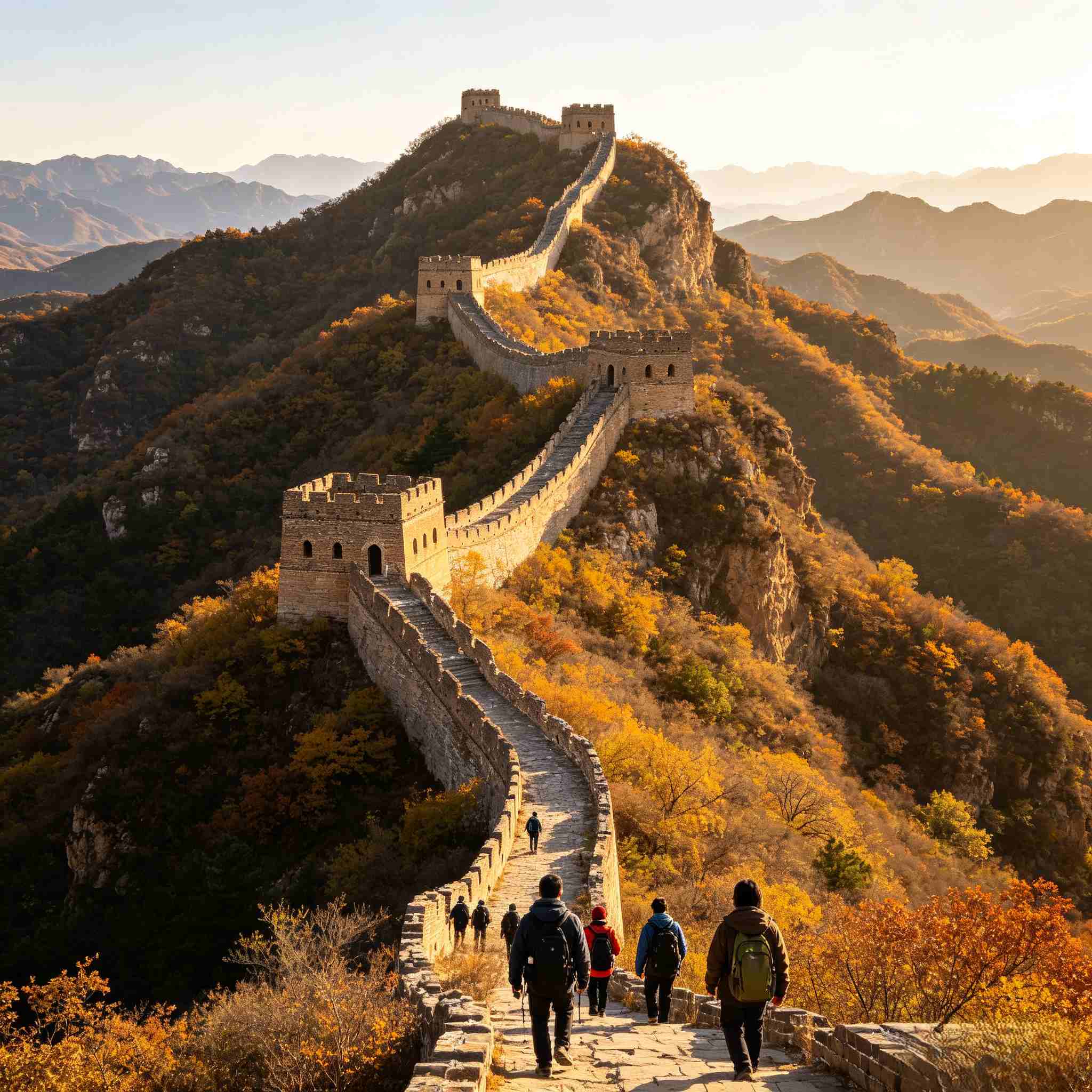 Jinshanling Great Wall hiking trail with group of trekkers walking along the ancient wall in autumn mountains