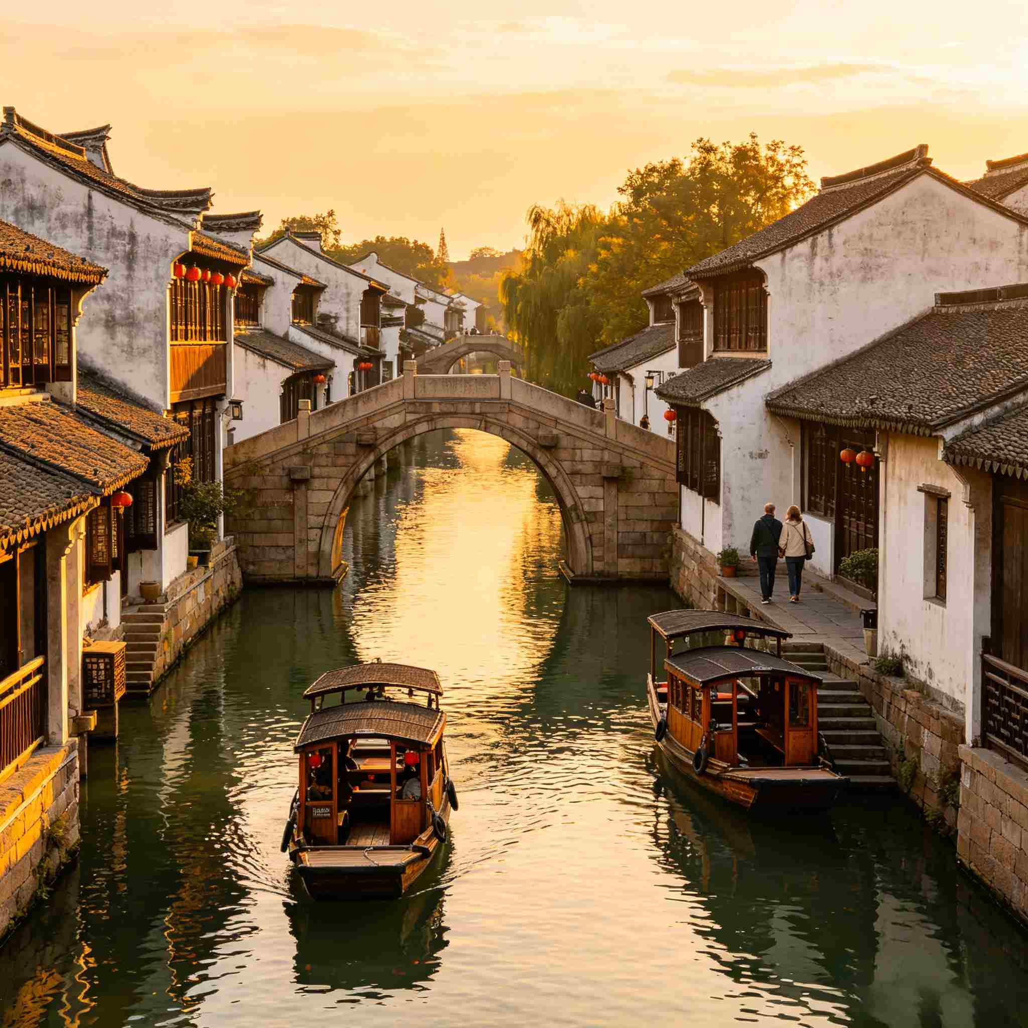 Sunrise view of ancient Jiangnan water town, stone arch bridge and wooden tourist boats, western travelers stroll canal riverside