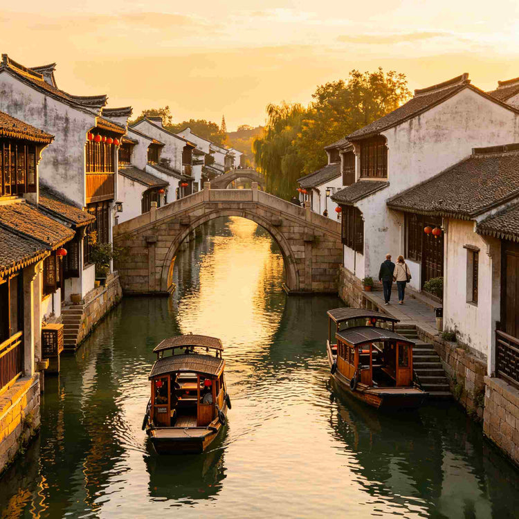 Sunrise view of ancient Jiangnan water town, stone arch bridge and wooden tourist boats, western travelers stroll canal riverside