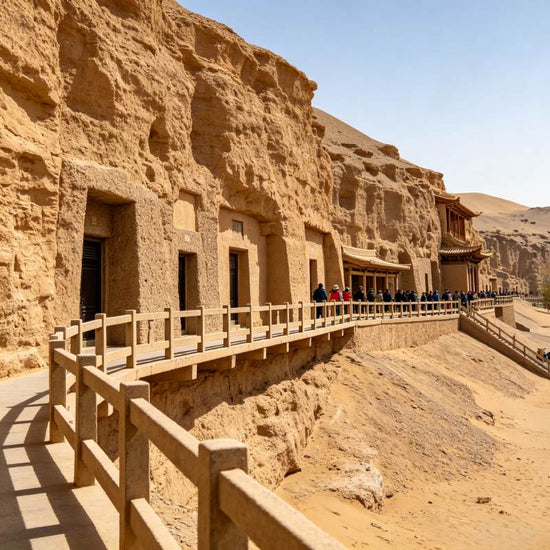 Mogao Grottoes cliffside caves with wooden walkway, UNESCO Buddhist heritage site in Dunhuang, Gansu China