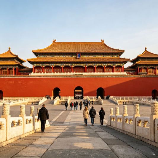 Forbidden City imperial palace with red walls and golden roofs, visitors sightseeing along central axis, Beijing China
