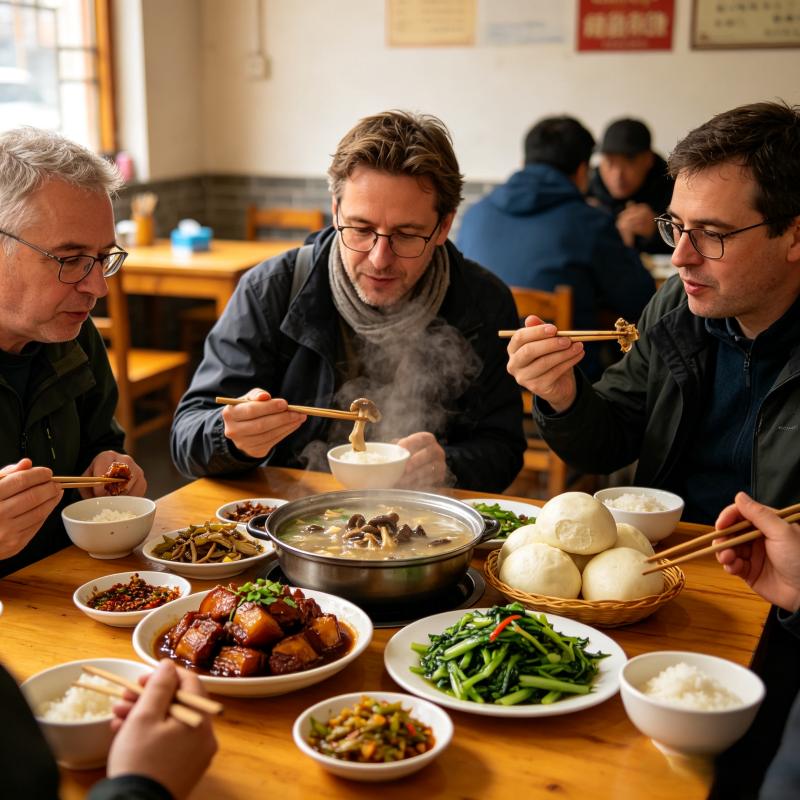 Western tourists enjoying farmhouse style meal with braised pork, wild vegetable dishes and steamed buns at Lishan local restaurant