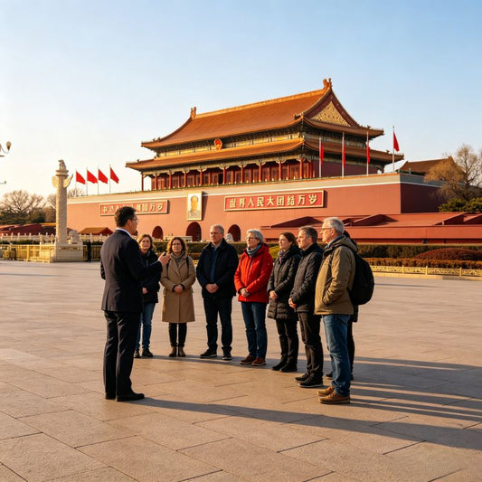 Group of travelers with local guide at Tiananmen Gate, iconic Beijing central-axis landmark for private China tours