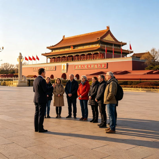 Group of travelers with local guide at Tiananmen Gate, iconic Beijing central-axis landmark for private China tours