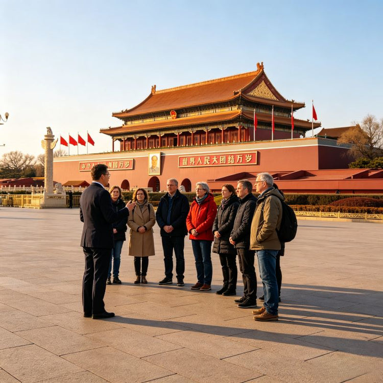Group of travelers with local guide at Tiananmen Gate, iconic Beijing central-axis landmark for private China tours