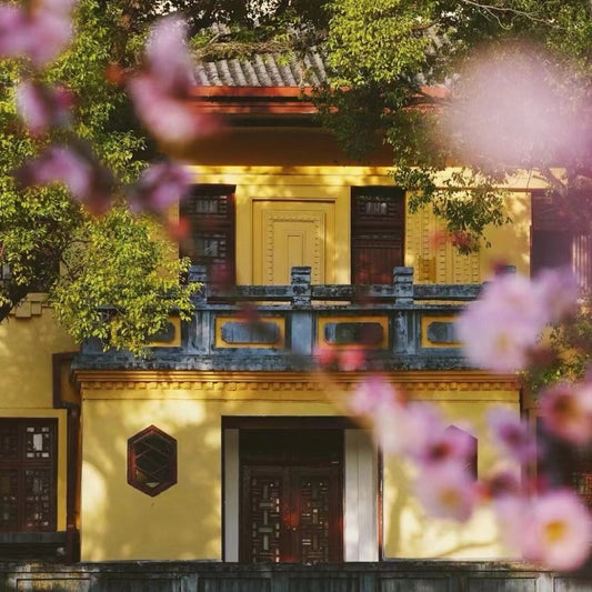 Ancient yellow palace building of Solitary Beauty Peak, Guilin historic landmark