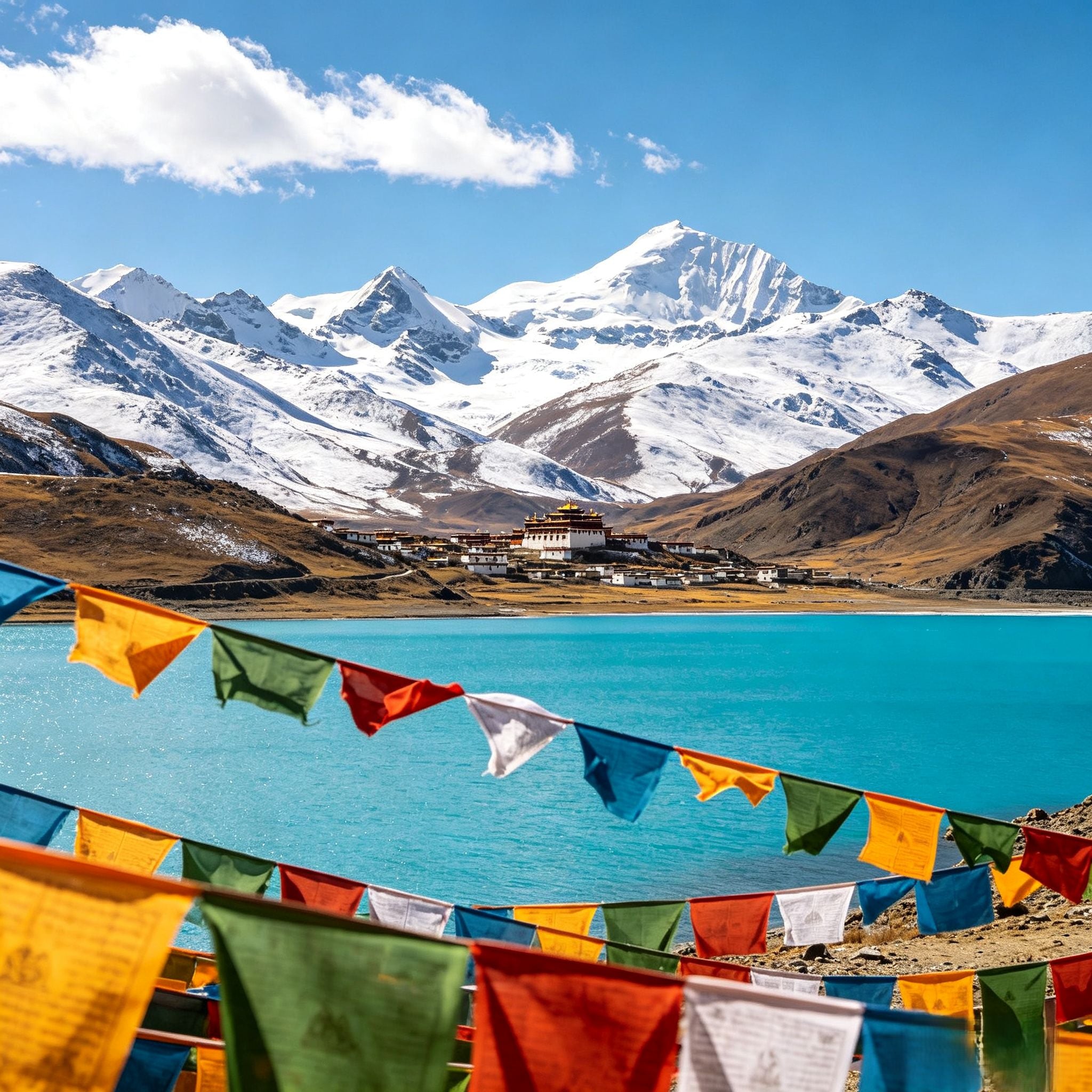 Turquoise Yamdrok Lake with colorful prayer flags and Himalayan snow mountains, Tibet