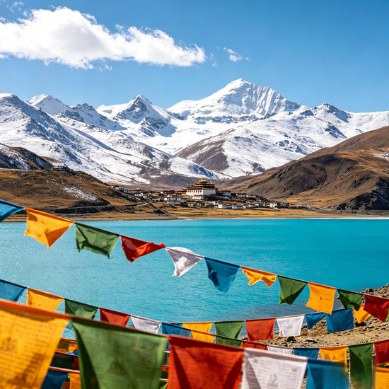 Turquoise Yamdrok Lake with colorful prayer flags and Himalayan snow mountains, Tibet