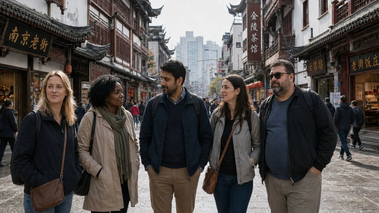 Happy group of international travelers exploring Nanjing Old Street on a private custom China tour, surrounded by traditional Chinese architecture and local teahouses