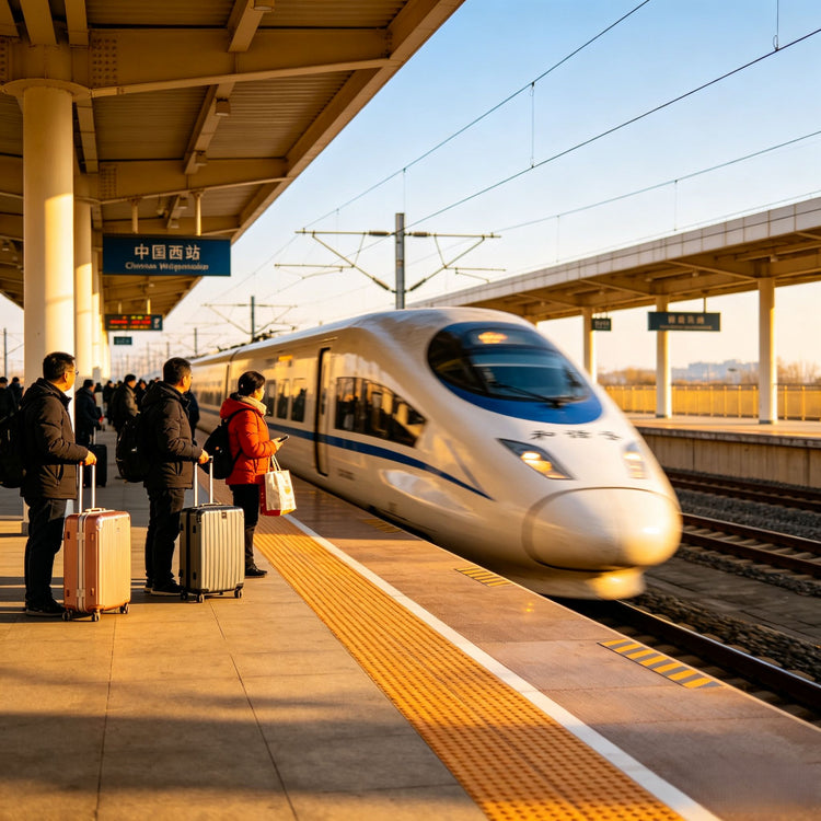 Modern high-speed train at railway station platform with waiting travelers, China