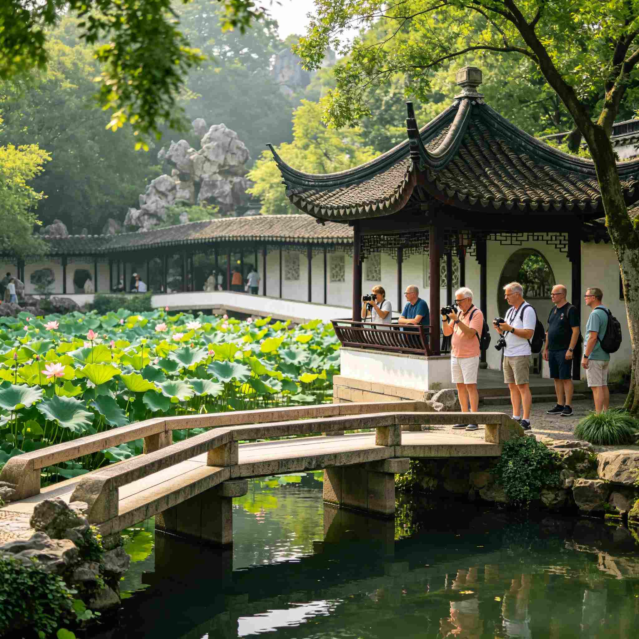 Lion Grove Garden stone rockery maze, international visitors explore Suzhou ancient garden
