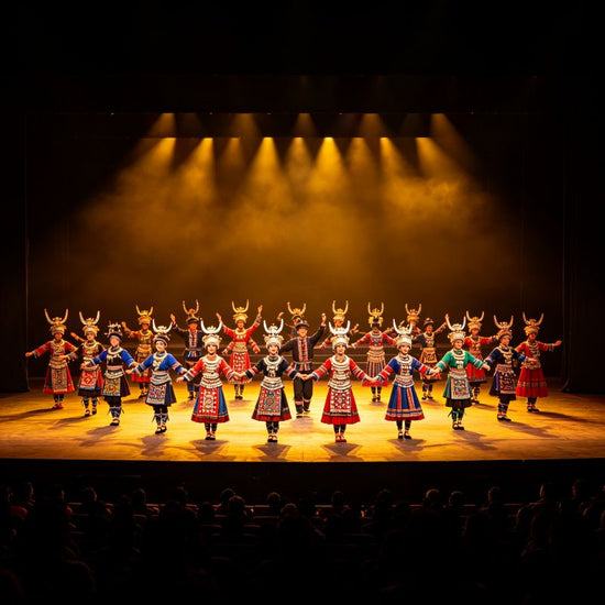 Charming Xiangxi ethnic song and dance performance on theater stage, Tujia and Miao folk culture show, Zhangjiajie China