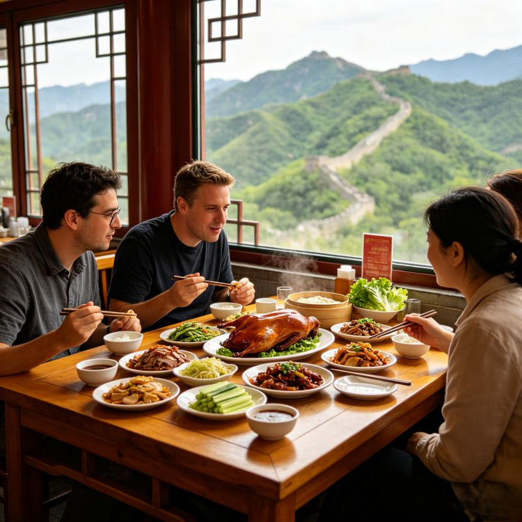 Tourists enjoying a local lunch at a mountain-view restaurant near the Great Wall, with traditional Chinese dishes on the table
