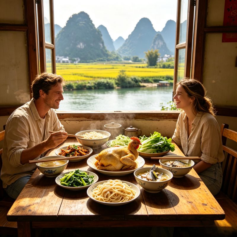 Western travelers enjoying farm-style local lunch with karst view through wooden window, Yangshuo Guilin
