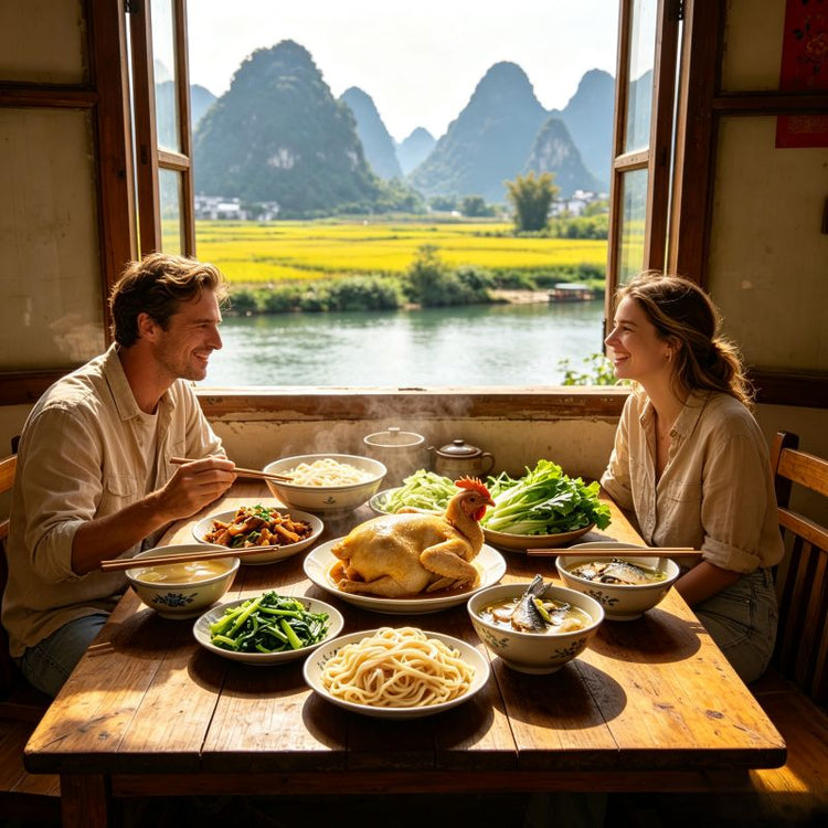 Western travelers enjoying farm-style local lunch with karst view through wooden window, Yangshuo Guilin