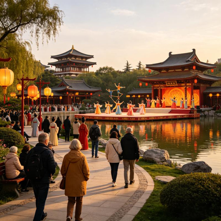 Tang Paradise cultural park with traditional Tang dance performance by the lake at golden hour, visitors strolling along waterside path, Xi'an China