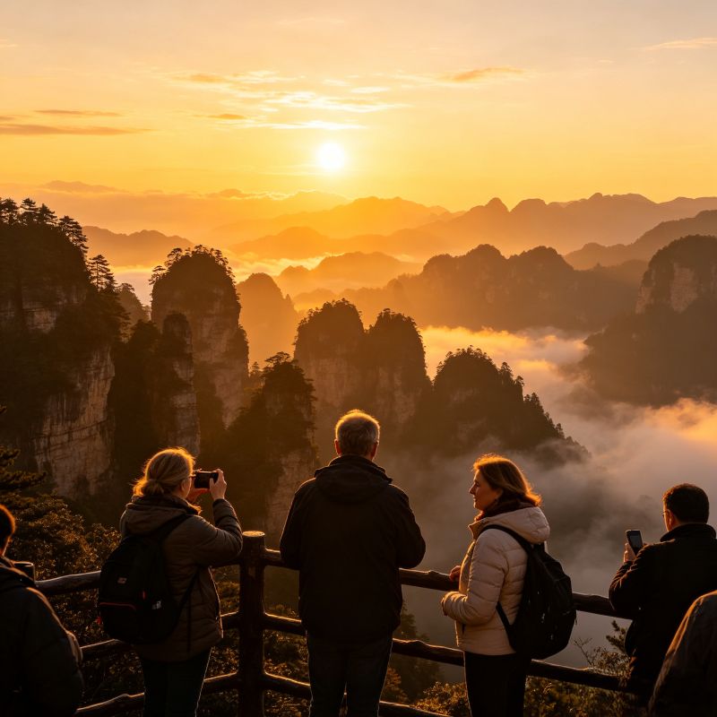 Tourists watching golden hour sunset over cloud sea and mountain peaks at Tianzi Mountain summit, Zhangjiajie