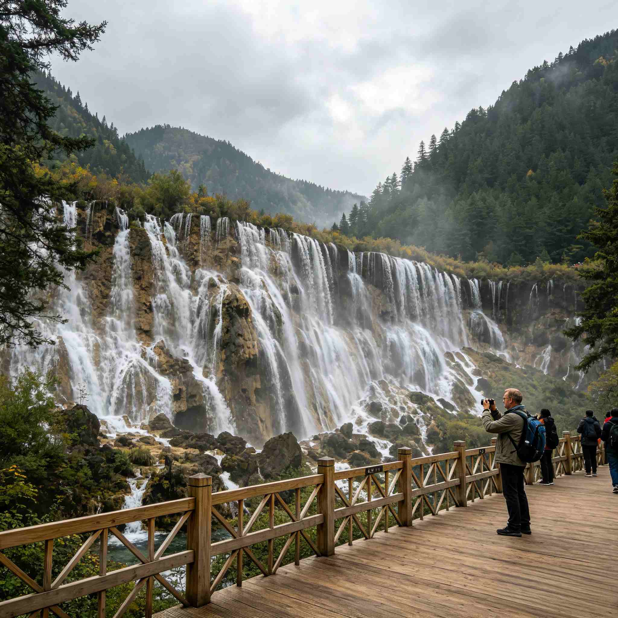 Wide Nuorilang Waterfall surrounded by green forest in Jiuzhaigou UNESCO site