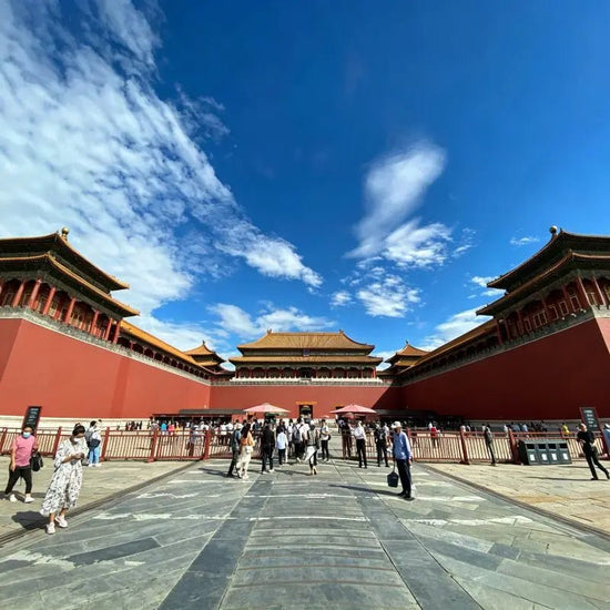 Front view of Meridian Gate (Wu Men), Forbidden City main entrance with red walls and golden roofs, Beijing China imperial palace architecture