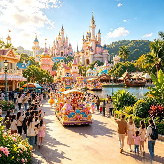 Colorful parade float and spectators at Shanghai Disneyland daytime parade