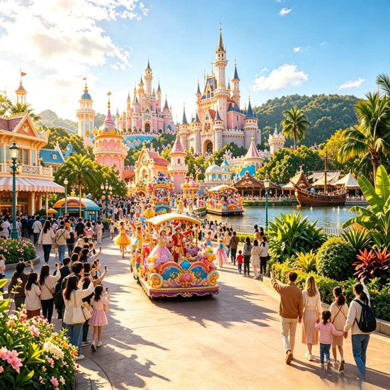 Colorful parade float and spectators at Shanghai Disneyland daytime parade