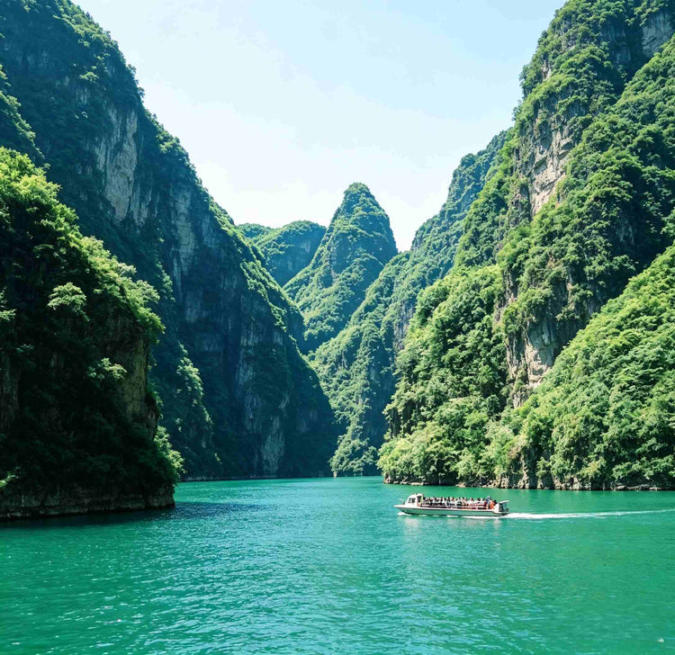 Longqing Gorge scenic area with green water, steep cliffs and boat ride near Beijing