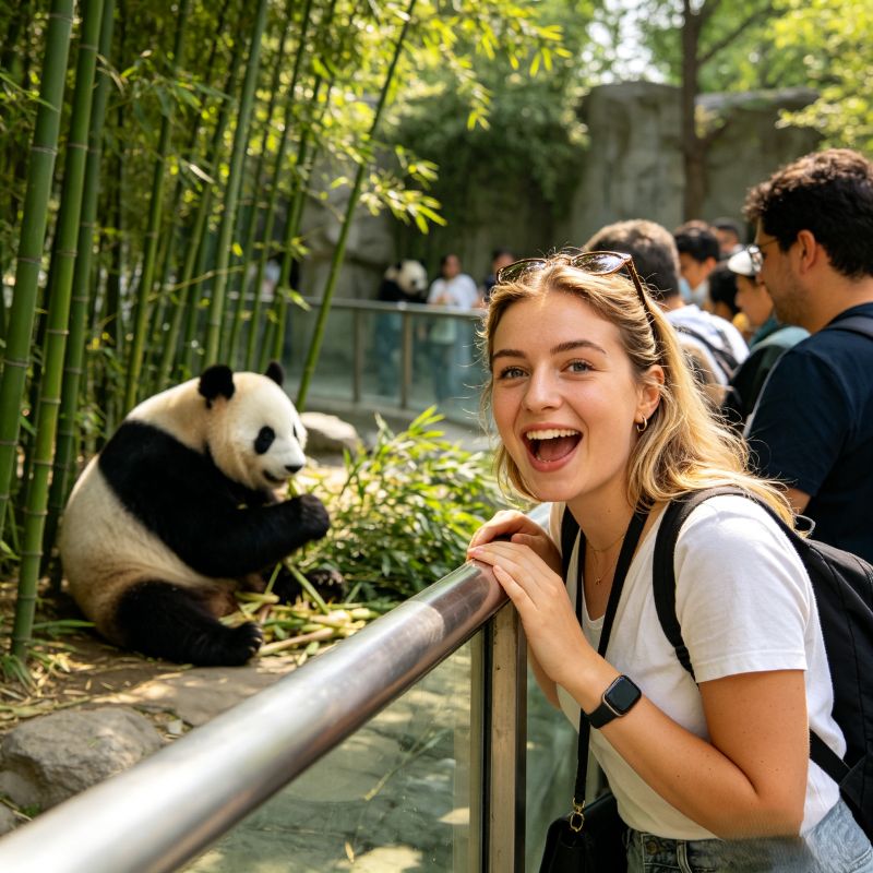 Female western tourist watching giant panda happily at Beijing Zoo, China national treasure animal