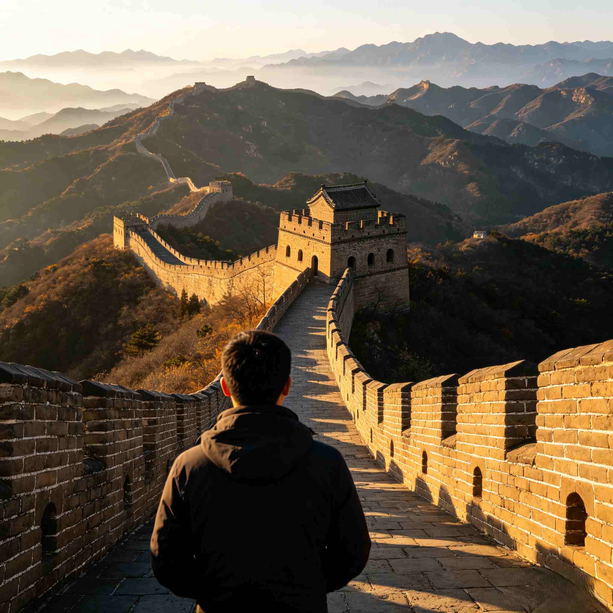 Tourist walking on Badaling Great Wall enjoying panoramic mountain views during a private Beijing tour