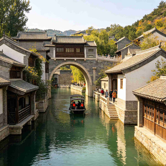 Daytime view of Gubei Water Town ancient canal with traditional boat