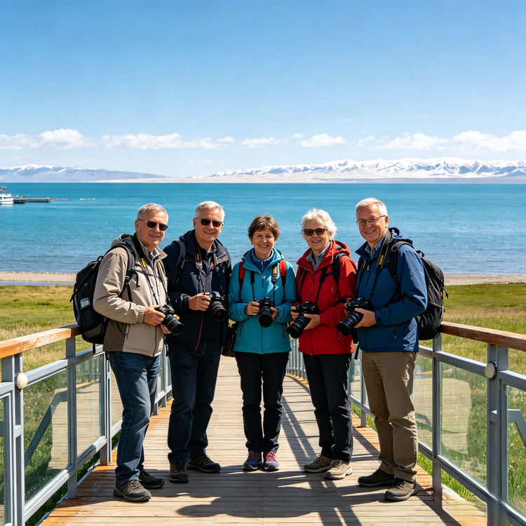 Group of senior foreign tourists taking a group photo by Qinghai Lake shore
