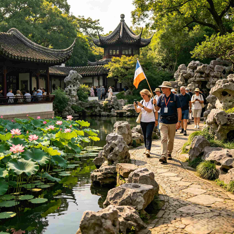 Humble Administrator's Garden Suzhou classical Chinese garden, lotus pond and pavilions, foreign tourists sightseeing