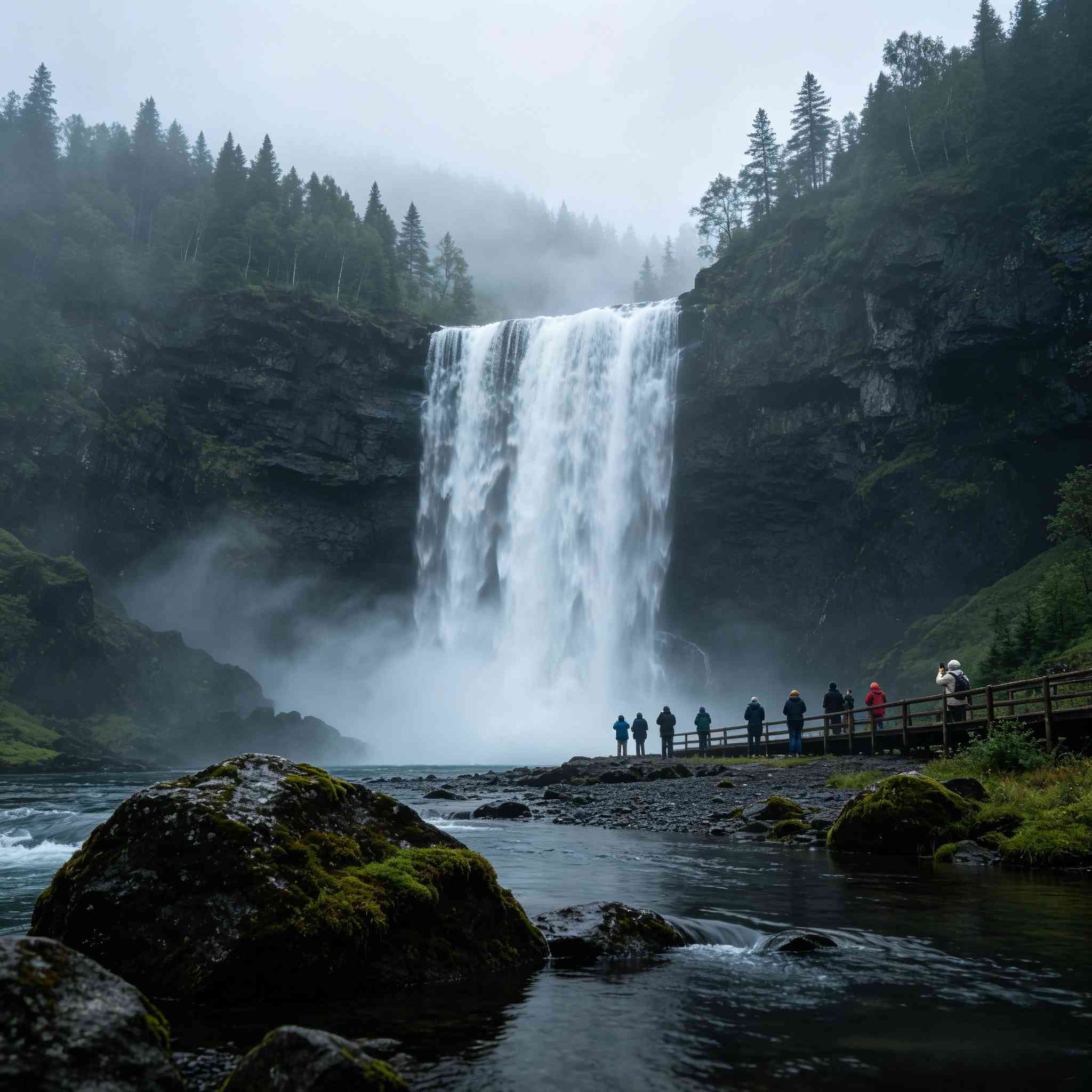 Changbai Waterfall, cascading waterfall in lush mountain forest with tourists viewing from the riverside path