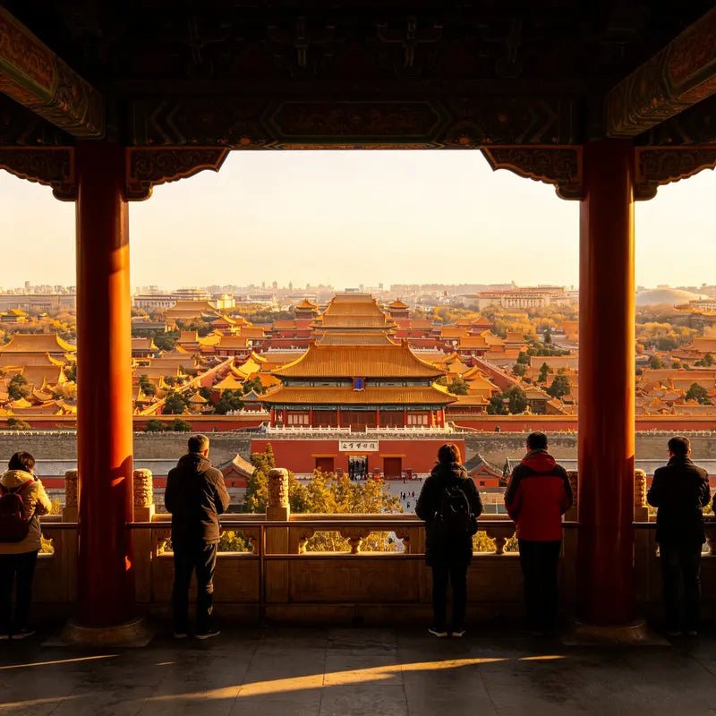 Panoramic Forbidden City view from traditional Chinese pavilion, tourists admiring grand ancient architecture, Beijing