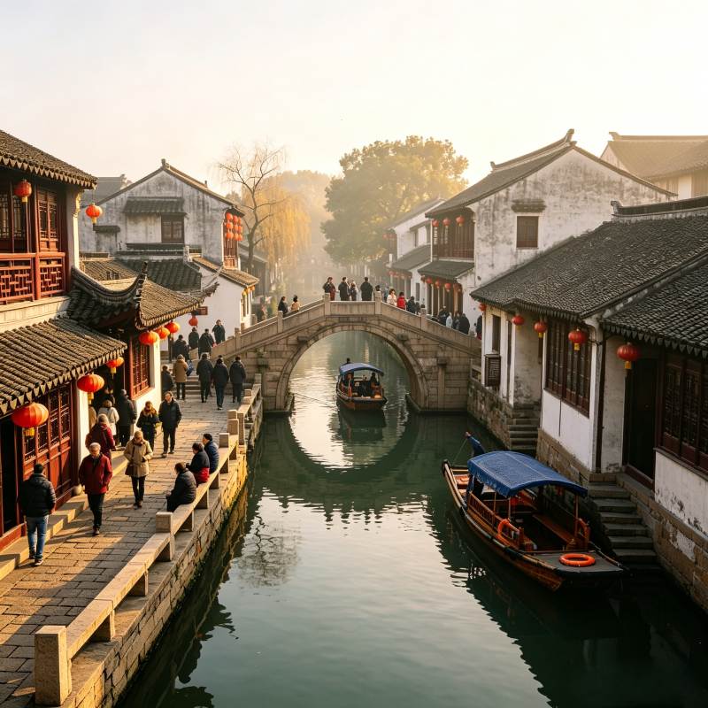 Zhouzhuang water town with stone arch bridge, traditional riverside houses and wooden boats, Jiangnan China