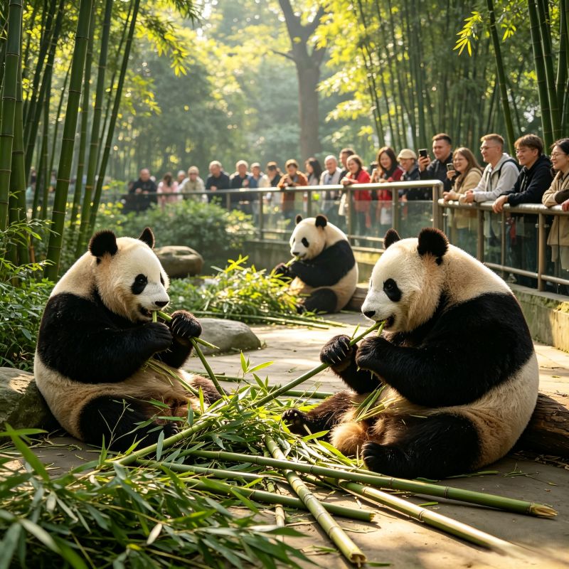 Giant pandas eating bamboo at Chengdu Research Base, top wildlife attraction in Sichuan