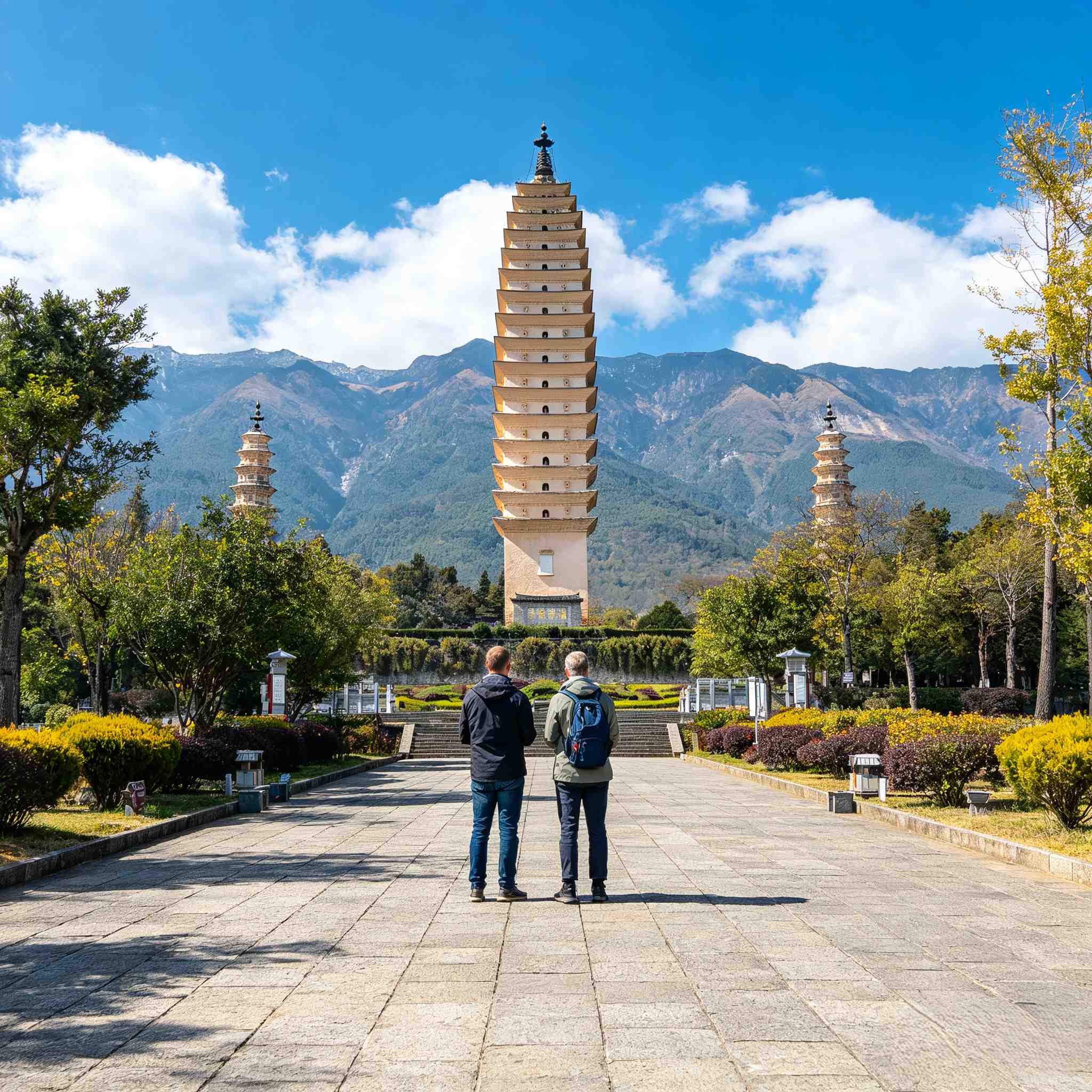 Foreign tourists cycling along Erhai Lake in Dali, Yunnan, with Cangshan Mountain in the background.