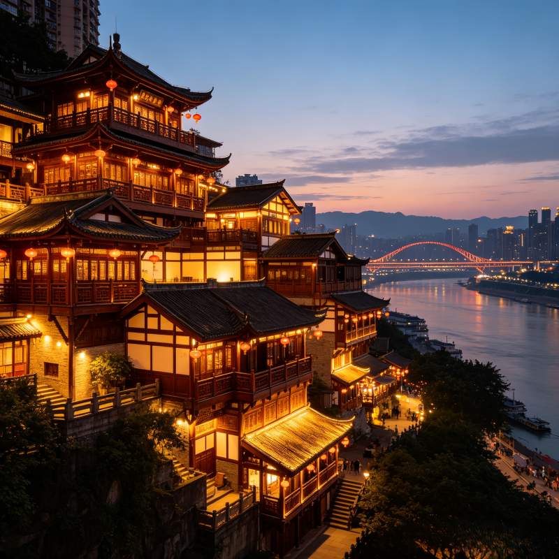 Illuminated Hongyadong stilt houses at night, iconic cliff architecture in Chongqing