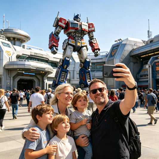 Family taking photos in front of giant robot statue at Universal Studios Beijing